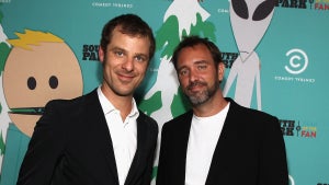 SANTA MONICA, CA - SEPTEMBER 20: South Park writers/creators Matt Stone (L) and Trey Parker (R) arrive at "South Park's" 15th Anniversary Party at The Barker Hanger on September 20, 2011 in Santa Monica, California. (Photo by Christopher Polk/Getty Images)