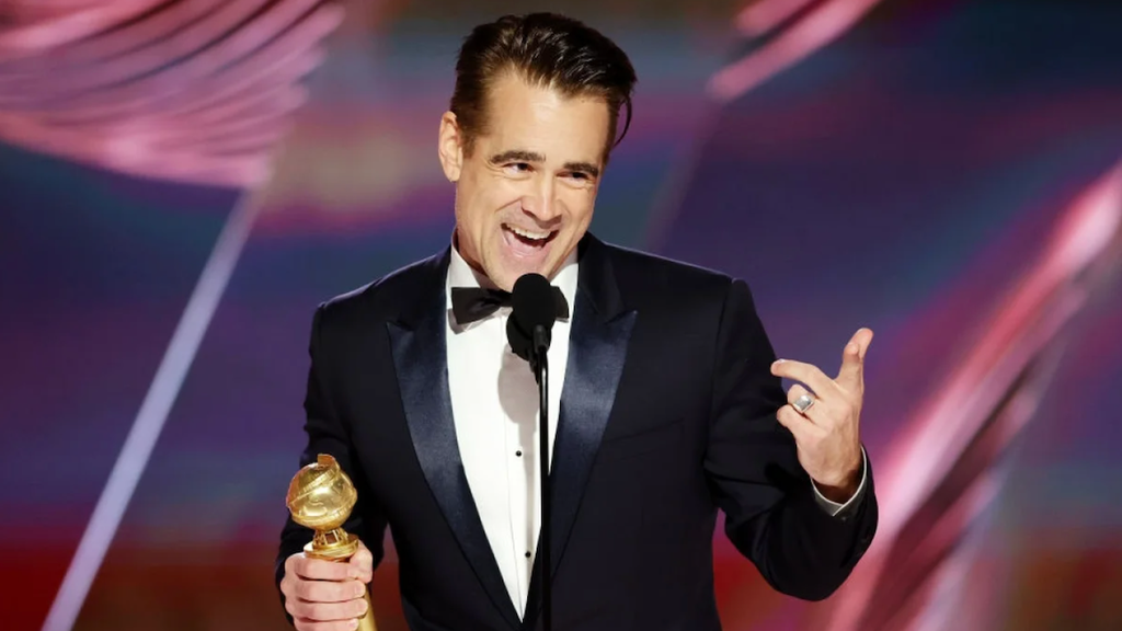 Colin Farrell accepts the award for Best Actor in a Comedy/Musical