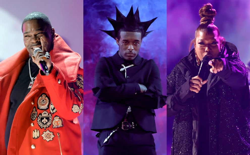From left to right: Busta Rhymes, Lil Uzi Vert and Queen Latifah at the 65th Grammys