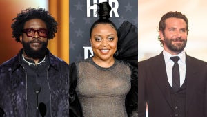 From left to right: Questlove, Quinta Brunson, Bradley Cooper (Philadelphia Eagles fans)
