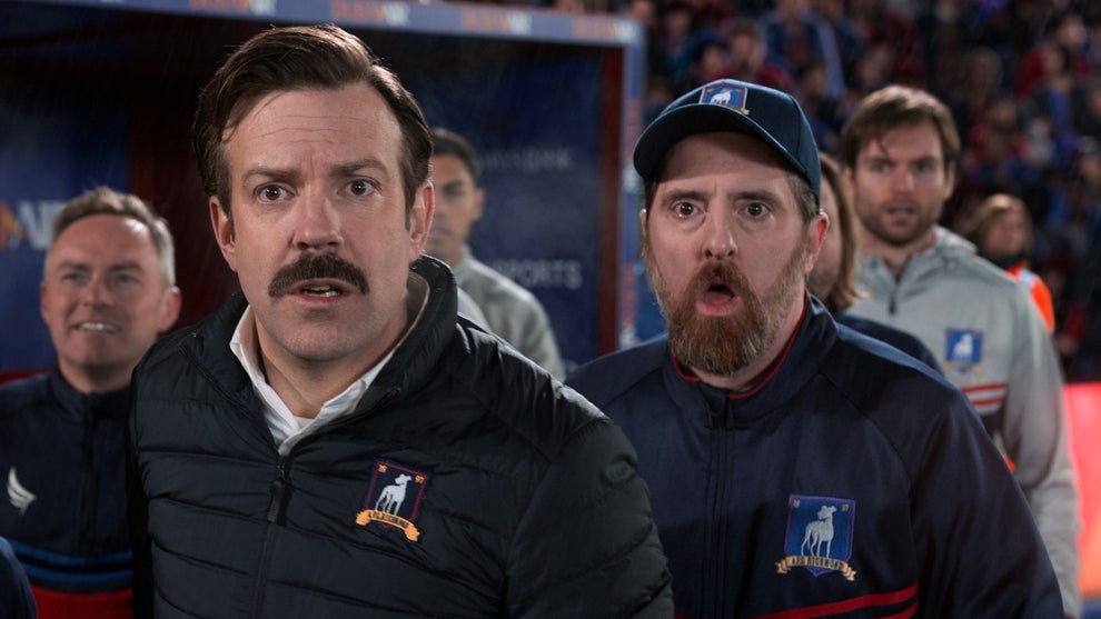Jason Sudeikis as Ted Lasso and Brendan Hunt as Coach Beard in "Ted Lasso"