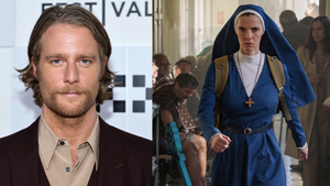 Jake McDorman, Betty Gilpin in “Mrs. Davis” (Getty Images, Peacock)