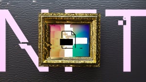 Digital generated image of NFT letters behind golden frame with digital art visualizing blockchain technology and non-fungible token.