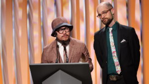 Daniel Kwan, seen here with Daniel Scheinert, spoke out on the treatment of writers in Hollywood at the 2023 Writers Guild Awards ceremony on March 5, 2023, in Los Angeles.
