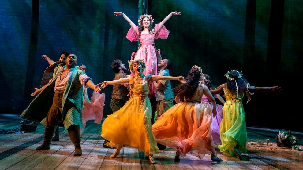 Phillipa Soo (center) and company in Lincoln Center Theater's production of CAMELOT. Credit to Joan Marcus