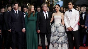 Cory Michael Smith, Julianne Moore in Louis Vuitton, Todd Haynes, Natalie Portman in vintage Dior couture and Charles Melton attend the "May December" red carpet