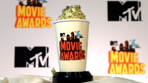 The 2015 MTV Movies Awards' Golden Popcorn trophy is displayed during MTV Movie Awards press junket April 9, 2015, in Los Angeles, California.