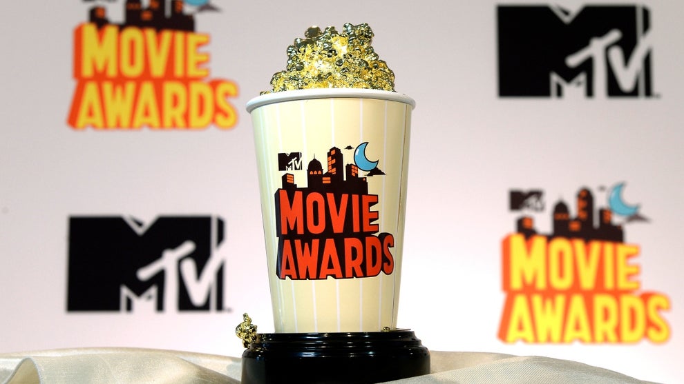 The 2015 MTV Movies Awards' Golden Popcorn trophy is displayed during MTV Movie Awards press junket April 9, 2015, in Los Angeles, California.
