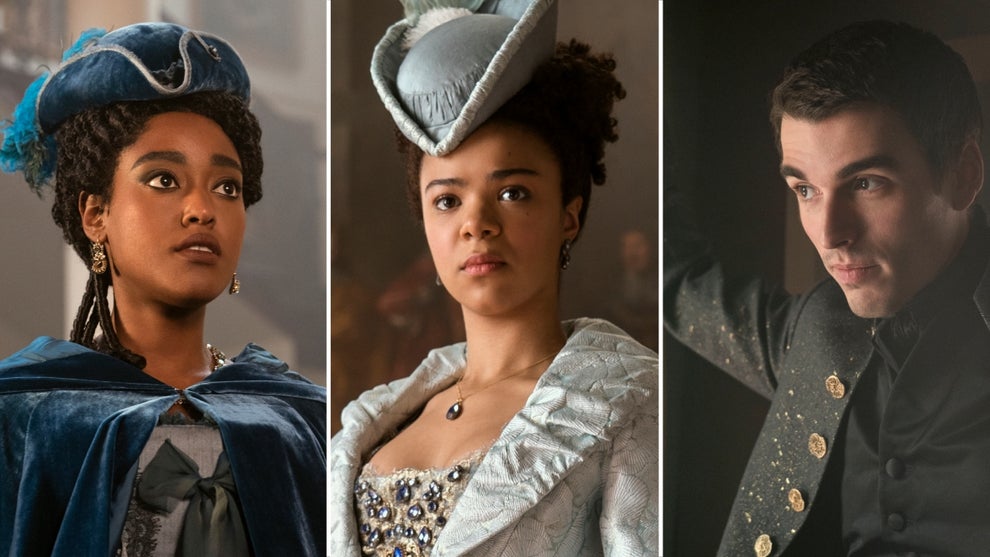 Arsema Thomas, India Amerteifio and Corey Mylchreest in "Queen Charlotte" (Netflix)