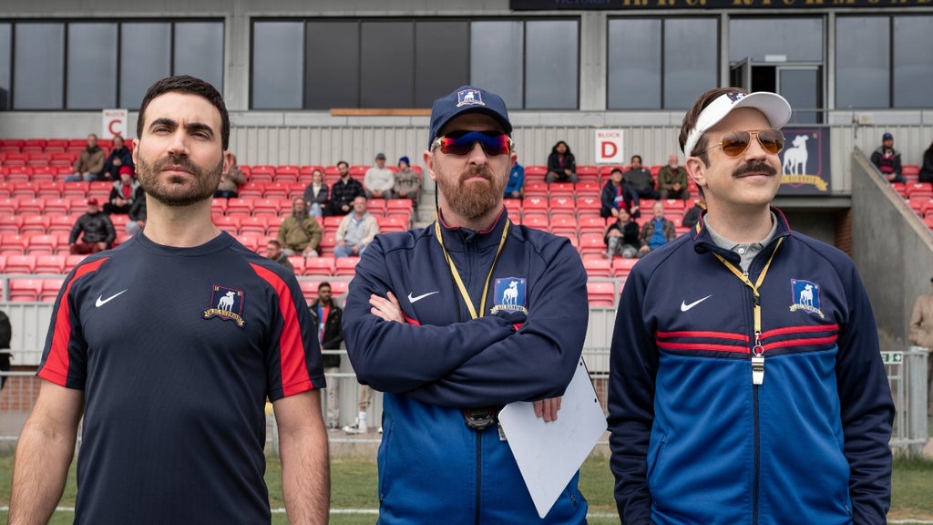 Roy Kent (Brett Goldstein), Coach Beard (Brendan Hunt) and Ted Lasso (Jason Sudeikis)