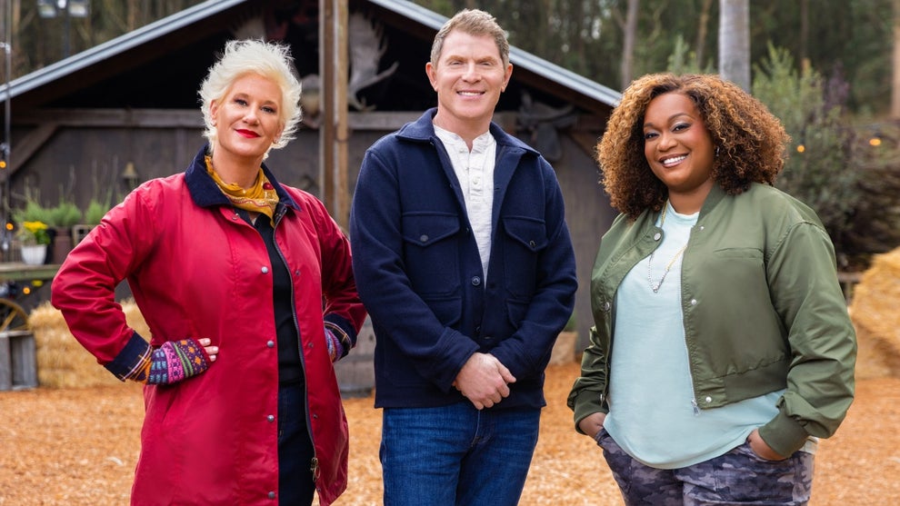 Hosts Bobby Flay, Anne Burrell and Sunny Anderson, as seen on BBQ Brawl, Season 4 (Credit: Food Network)
