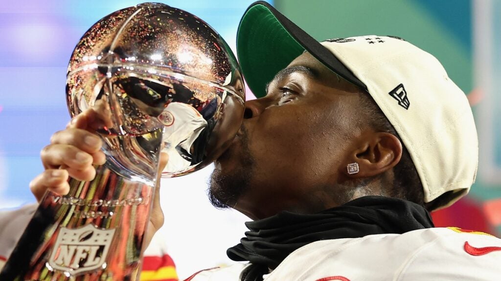 Derick McKinnon #1 of the Kansas City Chiefs celebrates with the the Vince Lombardi Trophy (Getty Collection)