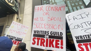 Picket Signs on Point in Hollywood Writers’ Strike: ‘Fair Contract or We Spoil Succession’