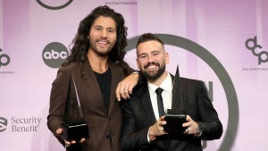 Dan Smyers and Shay Mooney, winners of the Favorite Country Duo or Group award, pose in the press room during the 2022 American Music Awards Nov. 2022