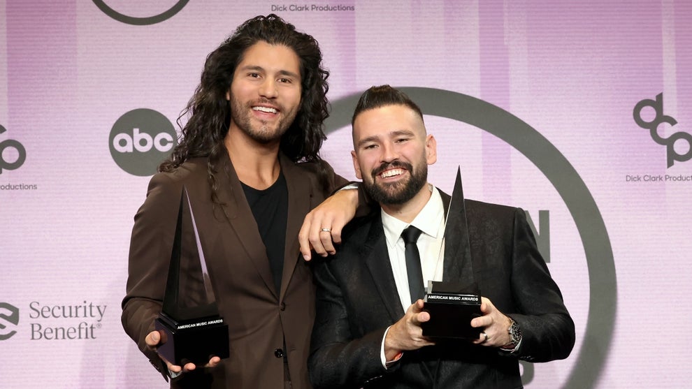 Dan Smyers and Shay Mooney, winners of the Favorite Country Duo or Group award, pose in the press room during the 2022 American Music Awards Nov. 2022