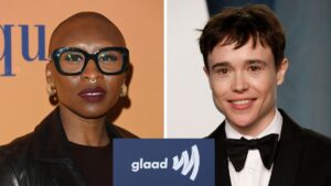 Cynthia Erivo, Elliot Page, GLAAD logo. (Photo credit: Getty Images)