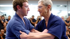 An AI-generated illustration of Mark Zuckerberg battling Tim Cook.