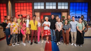 Co-hosts Anne Burrell and Jeff Mauro with contestants for Worst Cooks in America: Love at First Bite (Photo Credit: Food Network)