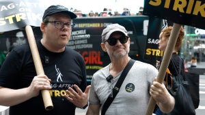 Christian Slater and Duncan Crabtree-Ireland join SAG-AFTRA members and supporters protest as the SAG-AFTRA Actors Union Strike continues in front of Paramount at 1515 Broadway on July 19, 2023 in New York City