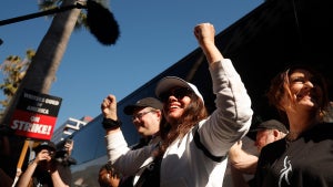 SAG-AFTRA President Fran Drescher (C) joins SAG-AFTRA and WGA members as they strike outside Netflix offices on July 14, 2023 in Los Angeles, California.