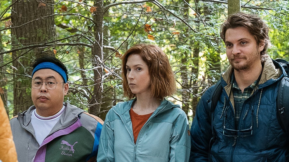 Nico Santos, Ellie Kemper and Luke Grimes in "Happiness for Beginners" (Netflix)