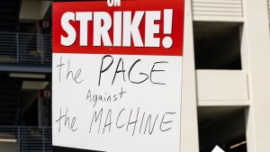 Members and supporters of SAG-AFTRA and WGA walk the picket line at Sony Pictures Studios on July 21, 2023 in Culver City, California