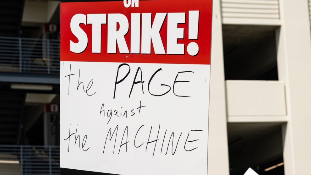 Members and supporters of SAG-AFTRA and WGA walk the picket line at Sony Pictures Studios on July 21, 2023 in Culver City, California