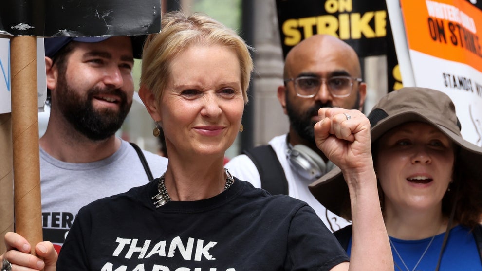Cynthia Nixon joins SAG-AFTRA members on the picket line outside of Netflix and Warner Bros on July 21, 2023 in New York City.