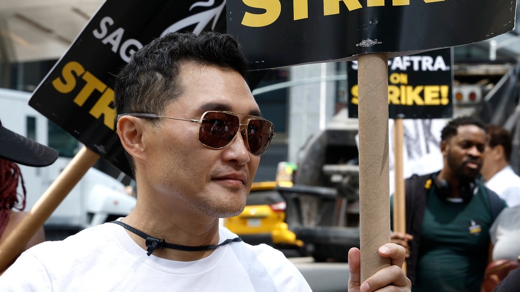 Daniel Dae Kim joins SAG-AFTRA members and supporters on the picket line in front of Amazon/HBO at 450 W 33 street as the SAG-AFTRA Actors Union strike continues on July 20, 2023 in New York City.