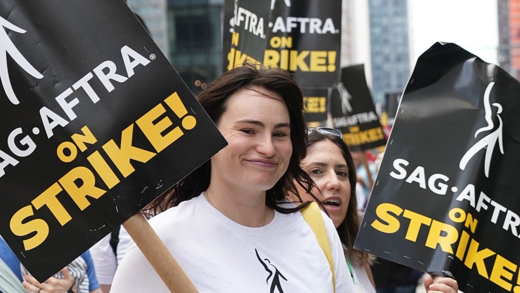 Kathryn Gallagher joins the picket line in New York City on July 21, 2023 in New York City.