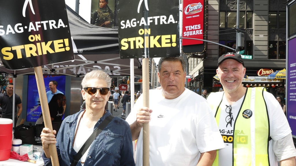 Michael Imperioli, Steven Schirripa and Michael Gaston join SAG-AFTRA members on the picket line outside of Paramount on July 20, 2023 in New York City.