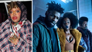 Erykah Badu, and Teyonah Parris, Jamie Foxx and John Boyega in "They Cloned Tyrone" (Photo credit: Getty Images, Netflix)