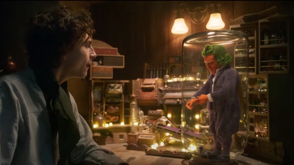 Timothée Chalamet and Hugh Grant in "Wonka" (Warner Bros.)