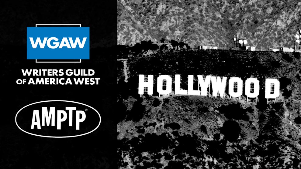 Strike talks - WGA Writers Guild and AMPTP logos, with the world HOLLYWOOD styled like the Hollywood sign on the right.
