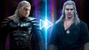 Two images of Geralt of Rivia (Henry Cavill) from The Witcher divided by a play symbol (Photo Credit: TheWrap)