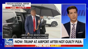 Jesse Watters wears a suit, holds up papers in a box on the right of the screen. On the left, Donald Trump walks through the rain under an umbrella.