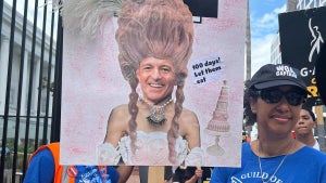Protester With Sign Mocking Disney CEO Bob Iger, Aug. 9, 2023, Netflix HQ in LA