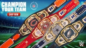 Four pro wrestling-style belts with different eams' logos on them, the belts in numerous colors, with the logos at the center of the center plate, a football field in the background and the words "CHAMPION YOUR TEAM" up top.