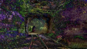 An image that looks like a colorful painting showing railroad tracks going into a tunnel