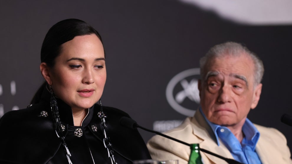 CANNES, FRANCE - MAY 21: Lily Gladstone and Director Martin Scorsese attend the "Killers of the Flower Moon" press conference at the 76th annual Cannes film festival at Palais des Festivals on May 21, 2023 in Cannes, France. (Photo by Mohammed Badra/Pool/Getty Images)