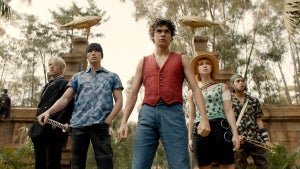 Sanji (Taz Skylar), Roronoa Zoro (Mackenyu Arata), Monkey D. Luffy (Iñaki Godoy), Nami (Emily Rudd) and Usopp (Jacob Romero Gibson) in "One Piece"