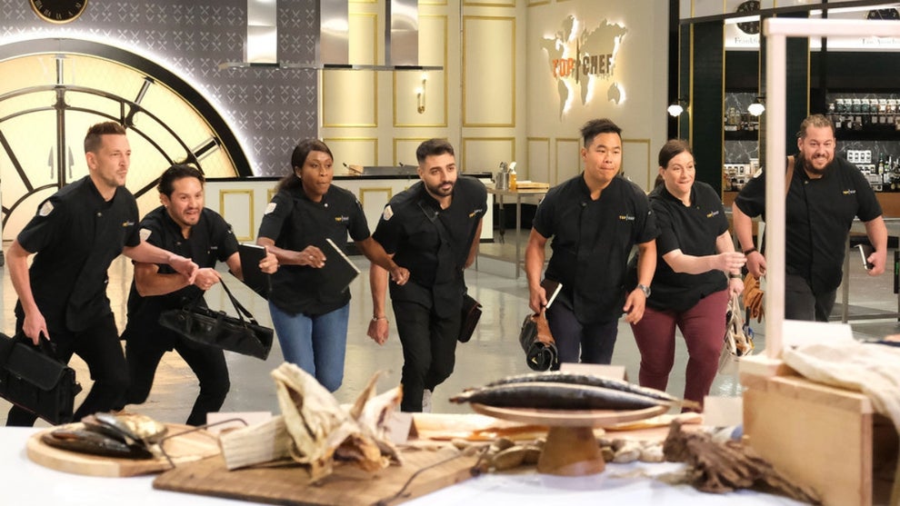 Tom Goetter, Gabriel Rodriguez, Victoire Gouloubi, Ali Al Ghzawi, Buddha Lo, Sara Bradley, Amar Santana compete on "Top Chef" Season 20 (Bravo)