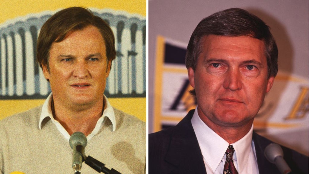 Jason Clarke as Jerry Buss, and the real Jerry Buss (Photo credit: HBO, Getty Images)