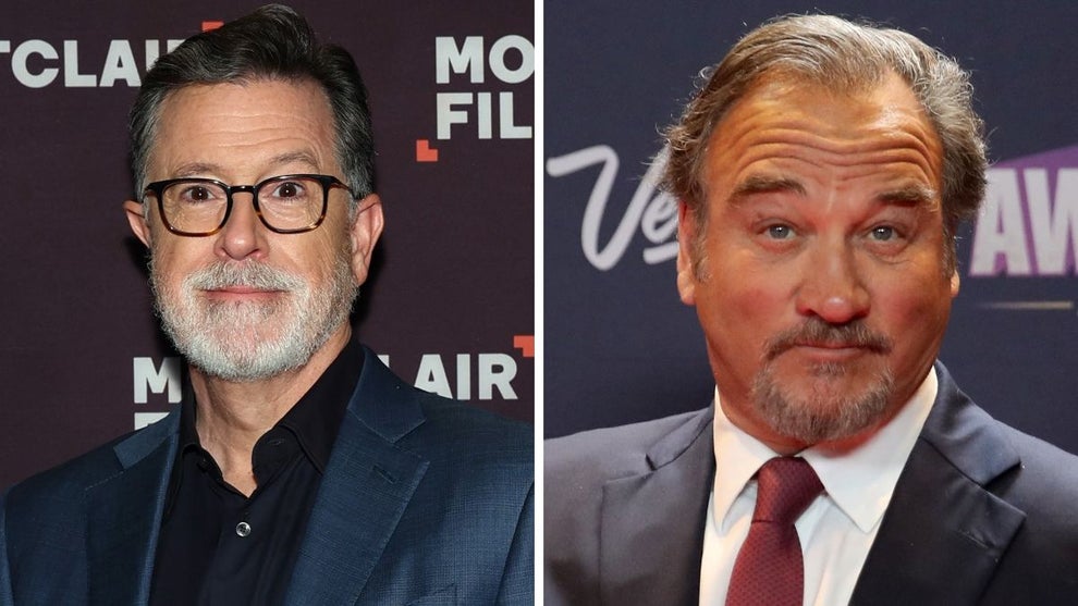 Side by side of Stephen Colbert and Jim Belushi