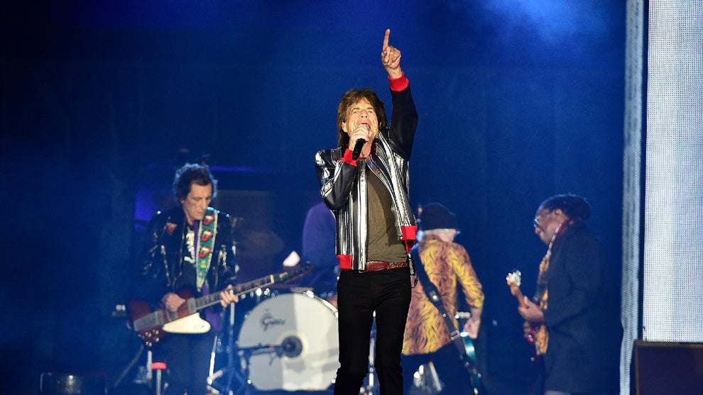 ST LOUIS, MO - SEPTEMBER 26: Mick Jagger, Ronnie Wood and Keith Richards of The Rolling Stones perform during the 2021 "No Filter" tour opener at The Dome at Americas Center on September 26, 2021 in St Louis, Missouri. (Photo by Jeff Curry/Getty Images)