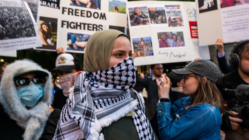 Supporters of both Israel and Palestine engage with each other at Columbia University at on Oct. 12 rally