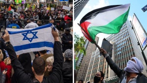Left to right: An Israeli flag in Times Square, New York City and a Palestinian flag at another New York rally (Getty Images)