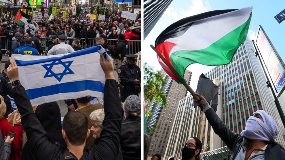 Left to right: An Israeli flag in Times Square, New York City and a Palestinian flag at another New York rally (Getty Images)