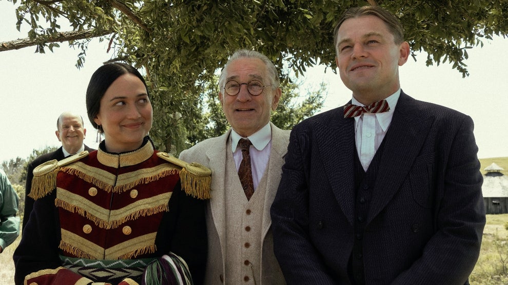 Lily Gladstone, Robert De Niro and Leonardo DiCaprio in Killers of the Flower Moon