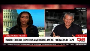 A split-screen showing a Black woman with a backdrop of the Capitol behind her, while on the right is an emotional man with light-toned skin in a black shirt.